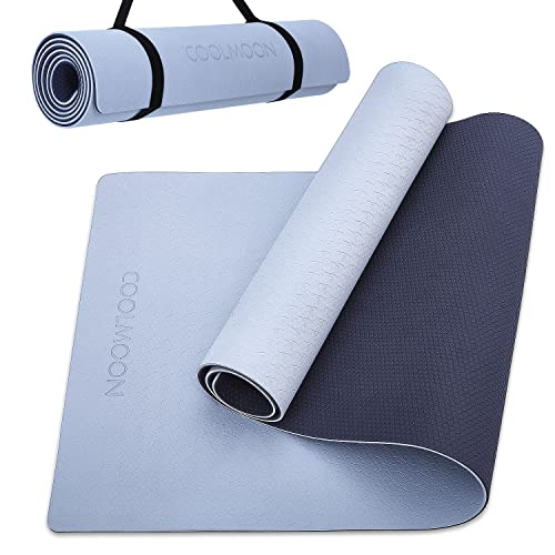 COOLMOON Yoga Mat Non Slip, Anti-Tear 1/4 Thick TPE Yoga Mats for Women and Men, 72"x24" Exercise & Fitness Mat with Carrying Strap, Workout Mats for Yoga, Pilates and Floor Exercise - color: Gray