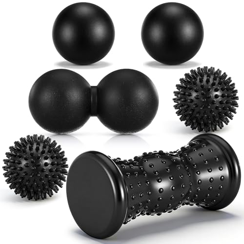 Lewtemi 6 Pack Massage Ball & Foot Roller with Spiky Lacrosse Peanut Massage Roller for Muscle Foot Arch Pain Deep Tissue Relieve Plantar Fasciitis