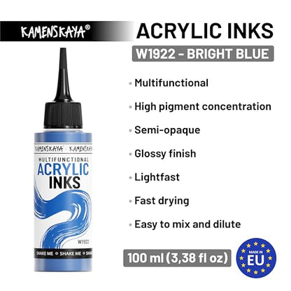 KAMENSKAYA Acrylic Inks for Artists - Bright Blue Acrylic Ink, 3.38 Fl Oz (100 ml) | Highly Concentrated, Multifunctional Liquid Acrylic Paint - color: Bright Blue