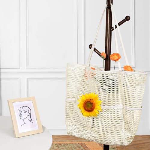 Iioscre Beach Bag for Women, Causal Hobo Handbags with Zipper Inner Pocket - color: Beige-001