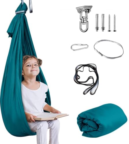 Aokitec Sensory Swing for Kids & Adult, Indoor Outdoor Cuddle Hammock Chair | Therapy swing, Special Needs, Autism, ADHD, Adjustable, Soft Nylon 300LB Capacity, 360 Swivel Hanger, All Hardware Included - color: Cyanic