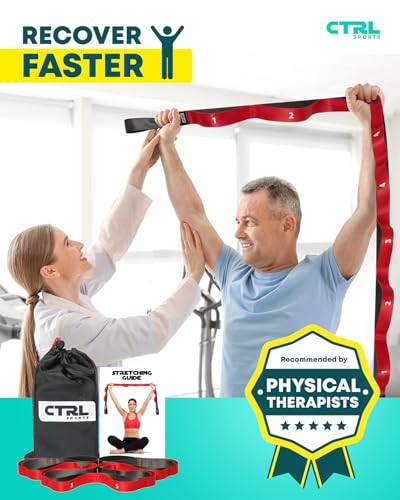 Stretching Strap with Loops - Non Elastic Yoga Strap for Physical Therapy - style: 12 Loops - Red