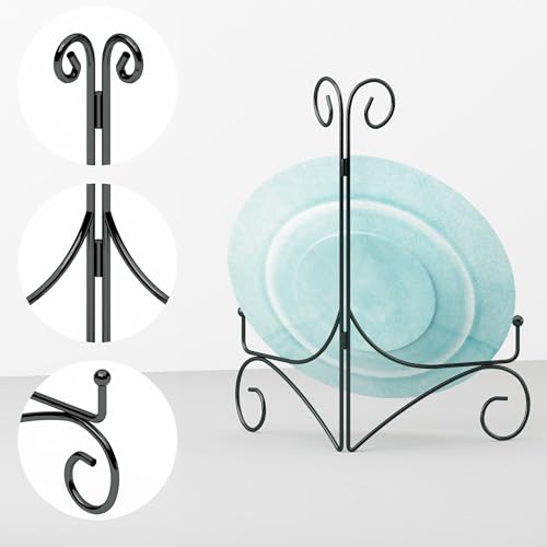 10 Inch Display Plate Stand with Folding Design, Metal Plate Holder for Tables, Picture Easel for Home Decoration, Photo Frame Stand, Black, 2-Pack