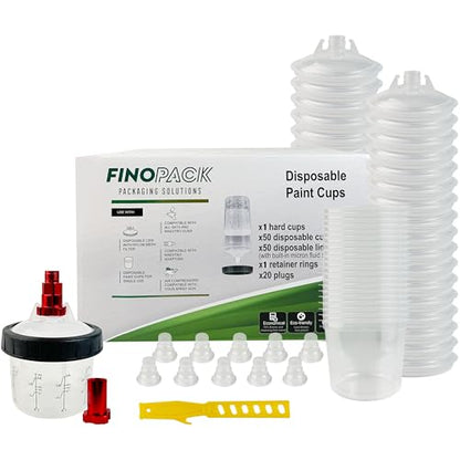 ENDOZER Disposable Paint Cup 50 Pack 6 Ounce(180ML) Mixing Cups for Automotive Spray Gun with 50 Liners and Lids System, 1 Hard Cup with Retainer Ring, 20 Plugs, 2 Adapters for Paint Gun - color: Dis-180ml-50pcs