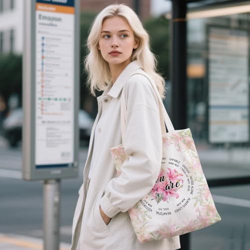 Aesthetic Canvas Tote Bag for Women - with Magnetic Snap Closure & Zipper Inner Pocket Reusable Bag for Shopping - color: Christian You Are