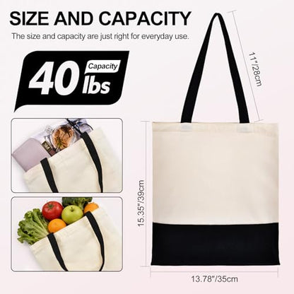 Canvas Tote Bag with Zipper for Women, Halloween Trick or Treat Bags Bulk | 13.8" x 15.3" Fashionable Two-Tone Cotton Tote Bag for Crafts, DIY Your Creative Designs - color: [A1] Beige / Black