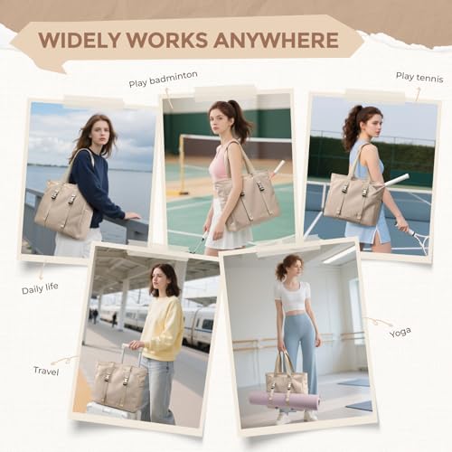 Tennis Tote Bag for Women with Yoga Mat Straps, Racket Holder Bags, 24L Lightweight Sports Bag with Wet Pocket - color: Apricot