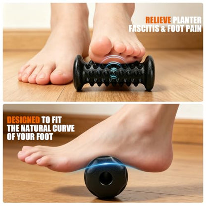 Foot Massager Roller for Plantar Fasciitis, Arch Heel Pain Relief | Portable reflexology Deep tissue massage tool for feet and calf, travel, home and office use - color: Black