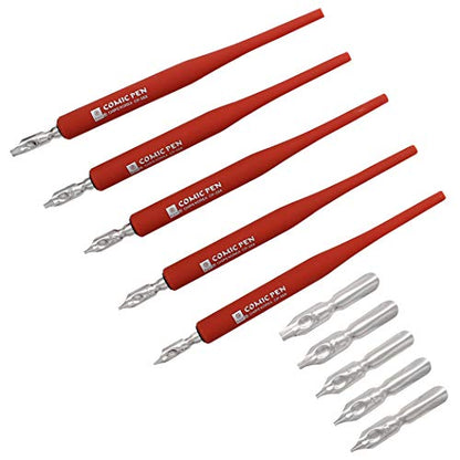 Plastic Professional Manga Gothic Pen Dip Pen Set with 5 Nibs Manga Calligraphy Drawing Pen Kit - 5 Pcs, Red - color: Red