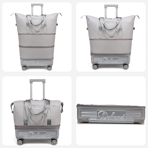 Expandable Rolling Travel Bag with Removable Wheels & Handle, Large Capacity Wheeled Duffle Tote, Foldable Carry On Luggage for Women, Lightweight Weekender Overnight Bag (Grey) - color: Grey