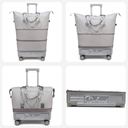 Expandable Rolling Travel Bag with Removable Wheels & Handle, Large Capacity Wheeled Duffle Tote, Foldable Carry On Luggage for Women, Lightweight Weekender Overnight Bag (Grey) - color: Grey