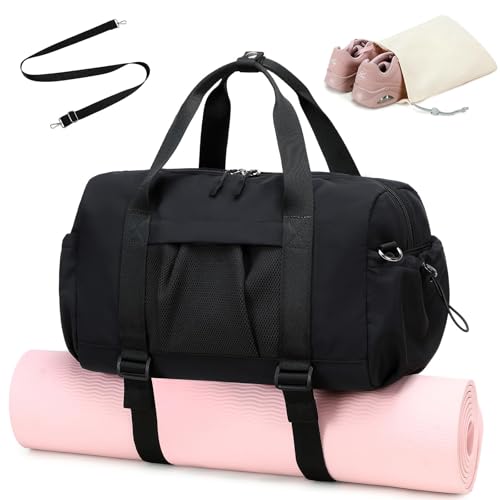 Gym Bag for Women Gym Duffle Bag with Shoe Bag and Wet Pocket Carry On Overnight Weekender Duffel Bag for Travel Sports Yoga - color: Black, size: Medium-17.7"