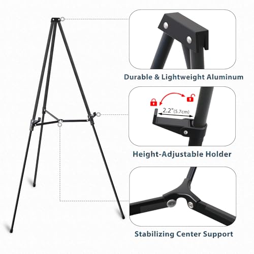 64" Aluminum Telescoping Display Easel, Adjustable Easel Stand, 1pc | Adjustable Height, Portable Floor&Tabletop Easel for Signs, Artwork, Posters, Whiteboard and Painting Display, Black