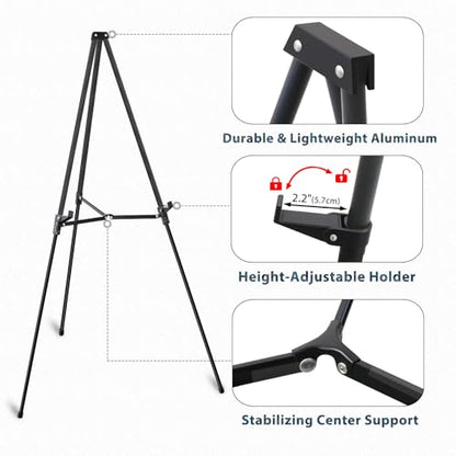 64" Aluminum Telescoping Display Easel, Adjustable Easel Stand, 1pc | Adjustable Height, Portable Floor&Tabletop Easel for Signs, Artwork, Posters, Whiteboard and Painting Display, Black