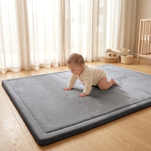 ACOMOPACK Baby Play Mat for Floor 1.3" Thick Memory Foam Play Mat 79"×157" Tummy Time Crawling with Non-slip Bottom for Living Room,Nursery,Soft Velvet Playpen Mats for Kids,Infants（Dark Grey） - color: Dark Grey, size: 79"×157"