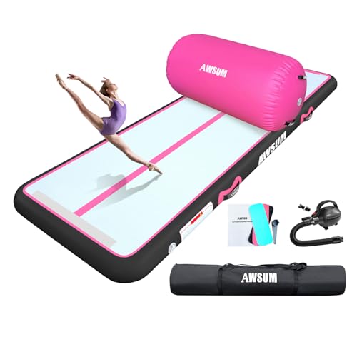 AWSUM Inflatable Gymnastics Mat with Air Roller Barrel Tumbling Equipment - color: Pink/Black+Pink Roller, size: 10ft*3.3ft*4in&(L)40in*(Diam)23.6"