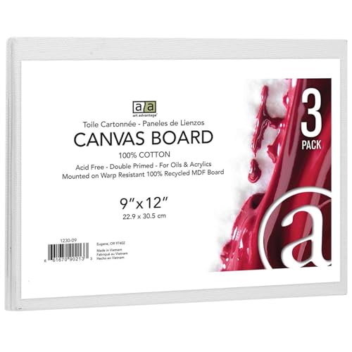 Art Advantage Canvas Board 9x12 Inch 3 Pack, Double Primed 100% Cotton Canvas on Recycled MDF Board, Clean Finished Edges, Beginner to Professional - size: 9-inch x 12-inch, 3 Pack