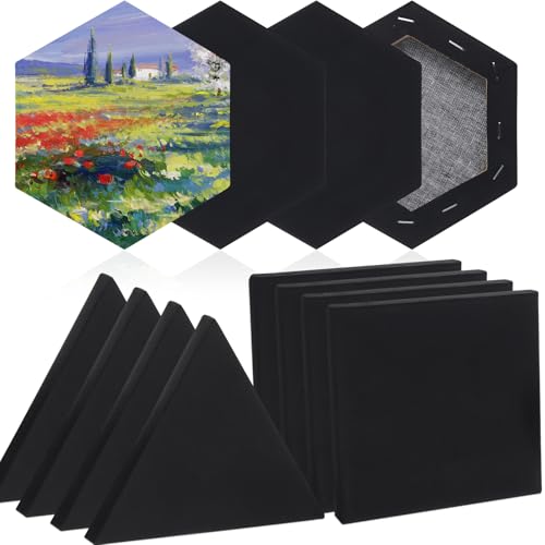 Epakh 12 Pcs Black Canvas for Painting Stretched Canvas Cotton Square Triangle Hexagon Blank Boards Panels Art with Frame Panel Stretched Boards for Oil Acrylic(8 Inch) - size: 8 Inch