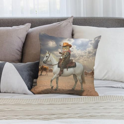 Funny Cat Cowboy Cat Riding Horse Throw Pillow Covers 18x18 Inch - color: Funny Cat Cowboy Cat Riding Horse