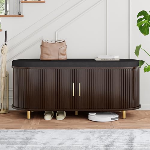 DHH 2-Tier Storage Bench,Wide Shoe Bench with Thickened Padded Seat Cushion, Mid Century Modern Fluted Sliding Door and Adjustable Shelf, for Entryway, Living Room, Bedroom (Dark Walnut, 43.3“) - color: Dark Walnut, size: 43.3 inch