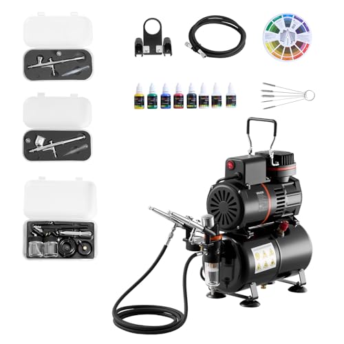VEVOR Airbrush Kit, 1/6 HP, Air Brush Kit with Air Compressor and Tank, 3 Dual-Action Professional Airbrushes with 3 Tips, Hose, Acrylic Paint, 2 Fans, for Cake Decorating, Model Painting, Nail Art - color: 6 Paint Colors Set