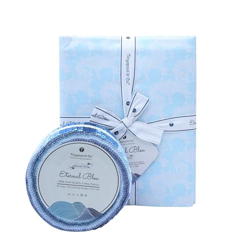 Tinyspool & Co. Quilting Bundle – Eternal Bleu Twirlie Roll Fabric + 3-Yard Fabric No.15 – Baby Blue – 100% American Cotton Fabric Kit with Strips & Pre-Cut Yardage for Borders, Binding & Backing