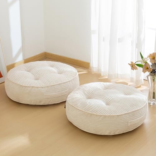 HIGOGOGO 6" Extra Thick Floor Pillow Cushion for Adults, Meditation Cushion Pillow, Large Round Floor Sitting, Tufted Corduroy Cover, for Tatami Living Room or Yoga, 22x22 Inch, 2Pack, Beige - color: Round Beige, size: 6" Thick(Pack of 2)