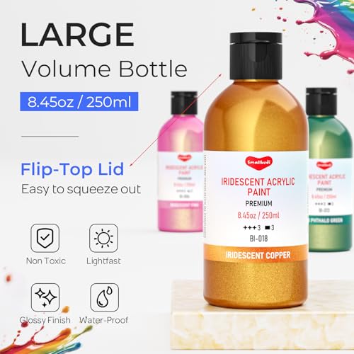 Smallbudi Iridescent Acrylic Paint Set, 20 Colors Bulk Color Shifting Paint | 250ml/8.45oz Large Bottles Fluid Painting Medium, Non Toxic Pearlescent Chameleon Craft Paint for Canvas Rocks Wood Crafts