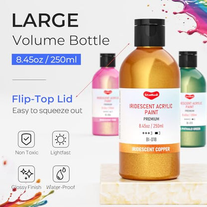 Smallbudi Iridescent Acrylic Paint Set, 20 Colors Bulk Color Shifting Paint | 250ml/8.45oz Large Bottles Fluid Painting Medium, Non Toxic Pearlescent Chameleon Craft Paint for Canvas Rocks Wood Crafts