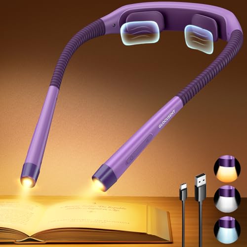 Glocusent Neck Light with Timer, 100 Hours Book Light for Bedtime Reading | Neck Reading Light, 3-Color, 5 Brightness, Bendable, Ergonomic, 1600mAh, Rechargeable, Eye Care, Sleep Aid, Travel Lock, Gift - color: Purple