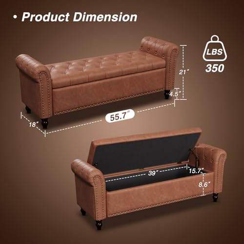 FiveWillowise 55" Bedroom Bench, End of Bed Bench with Storage, Brown - color: Brown, size: 55-inch