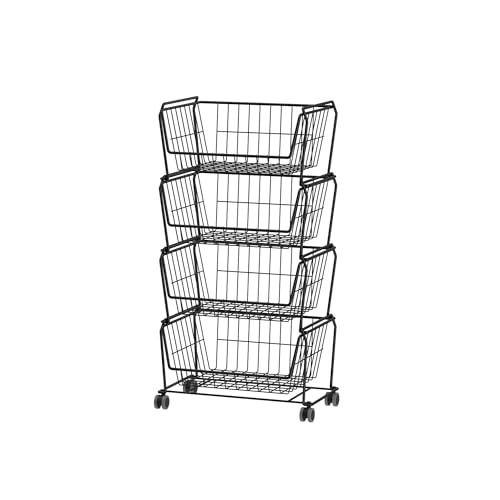 PUSDON 4-Tier Spacious Stackable Wire Storage Baskets with Wheels, Metal Rolling Utility Cart, Produce Basket for Pantry, Bathroom Organizer Shelf, Matte Black - color: Matte Black, size: 4 Tier Standard