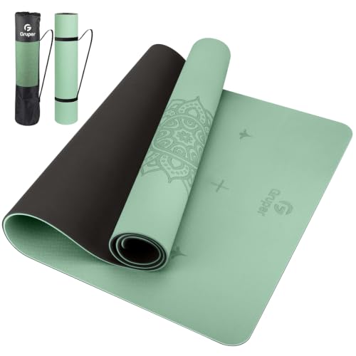 Gruper Yoga Mat Non Slip TPE Extra Wide Yoga Mat with Alignment Mark, 72"L x 32"W x 0.32"/0.24"Th (183cm x 80cm x 8mm/6mm), Anti-Tear Exercise Mat with Carrying Strap and Bag, Workout Mats for Yoga, Pilates - color: Green Black, size: 0.32*32*72 Inches