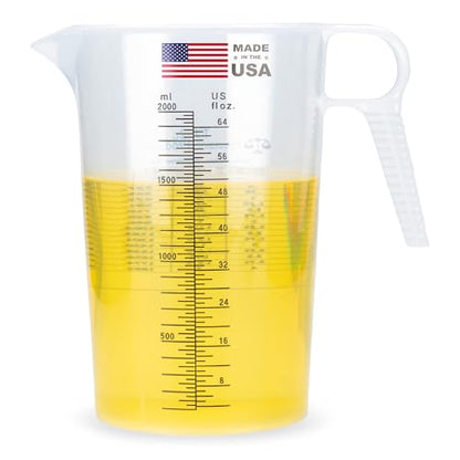 Half Gallon 64oz (2 quart) Measure Pitcher- Conversion Chart-Strong Food Grade - Resistant to Chemicals- Great for Lawn, Pool & Spa, Ag, Home Hobbies, Lye, Cooking, Shop Motor Oil Fluids Made In USA - size: 64 oz