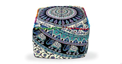 Green Deer Elephant Mandala Floor Pillow Cover 18x18x14 Inch Handmade Cotton Meditation Cushion Cover Square Ottoman Pouf Cover Bohemian Floor Seating Pillow for Living Room Bedroom Decor (Cover Only)