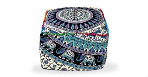 Green Deer Elephant Mandala Floor Pillow Cover 18x18x14 Inch Handmade Cotton Meditation Cushion Cover Square Ottoman Pouf Cover Bohemian Floor Seating Pillow for Living Room Bedroom Decor (Cover Only)