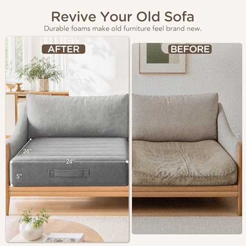 Codi Replacement Couch Cushion, 5" Thick High-Density Foam, 24-Inch Grey - color: Grey, size: 24 Inch (Pack of 1)