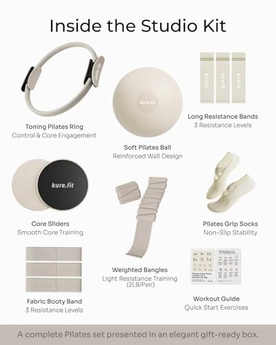Pilates Kit | Pilates Equipment Set for Home Workouts | Accessories & Guide - color: Beige, style: Studio Kit - 15PC