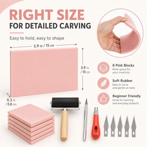 8Pcs Linoleum Blocks for Printmaking, 4 x 6 Rubber Carving Block, Stamp Carving Kit, Rubber Stamp Kit with Cutter Tools for Stamp Carving, DIY Printmaking Pink