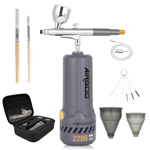 Airgoo Portable Airbrush Kit with Air Compressor MK430-215 with 0.3mm Nozzle, Cordless Airbrush Gun Set with Replaceable 5cc/10cc/20cc Fluid Cups for Makeup, Crafts, Tattoo, Modeling, Cake Decor