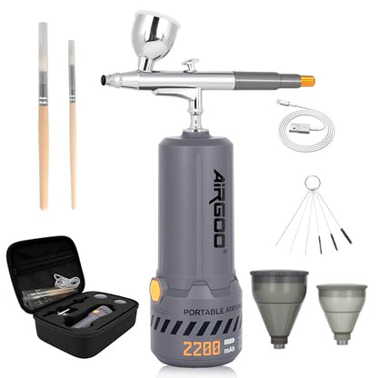 Airgoo Portable Airbrush Kit with Air Compressor MK430-215 with 0.3mm Nozzle, Cordless Airbrush Gun Set with Replaceable 5cc/10cc/20cc Fluid Cups for Makeup, Crafts, Tattoo, Modeling, Cake Decor