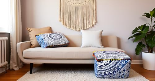 Square Mandala Floor Pillow Cover 16x16x14 Inch Handmade Cotton Meditation Cushion Cover Bohemian Ottoman Pouf Cover Decorative Floor Seating Pillow Living Room Bedroom Yoga Blue Ombre (Cover Only) - color: Blue Ombre, size: 16x16x14 inches