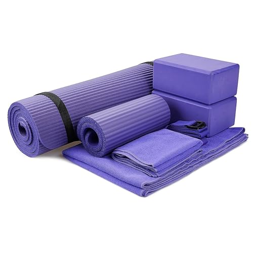 BalanceFrom 7-Piece Yoga Set with 71x24x0.5 Inches Extra Thick Mat and Carrying Sling – Includes 2 Blocks, Stretch Strap, 2 Towels, and Knee Pad for Home, Studio, and Gym Workouts - color: Purple