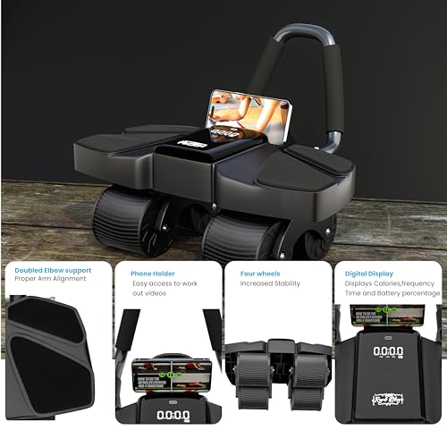 Ab Roller Home Gym Equipment – 4 Wheels Ab Wheel Muscle Roller with Automatic Rebound, Yoga Stretching Strap, 3 Resistance Bands – Comfortable Elbow Support with Non-Slip Handles – Built-in Workout Tracker - color: Black New + 3 Bands + 1 Strap