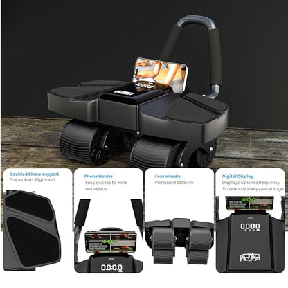Ab Roller Home Gym Equipment – 4 Wheels Ab Wheel Muscle Roller with Automatic Rebound, Yoga Stretching Strap, 3 Resistance Bands – Comfortable Elbow Support with Non-Slip Handles – Built-in Workout Tracker - color: Black New + 3 Bands + 1 Strap