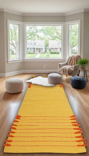 Indian Handmade 100% Organic Cotton Yoga Mat, Hand Woven Rug, Yoga Mat For Everyday Fitness at Home Comfortable Foldable Long Mat - color: Yellow