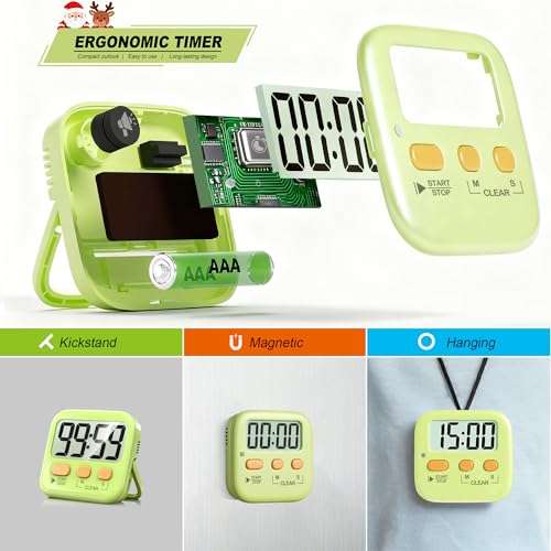 Antonki 2 Pack Digital Timer for Kids Classroom Kitchen Timers for Cooking | w/ Battery, Easy to View, Alarm, Mute Mode, Count Down/Up, Magnetic, Kickstand, Hanging, Classroom Timer for Teacher Supplies - color: Light Green