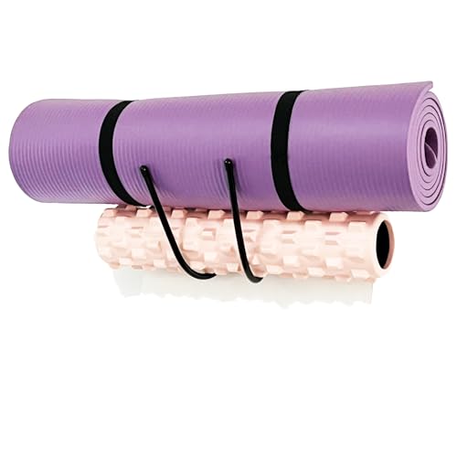 Upgraded large Yoga Mat Holder Wall Mount, Metal Storage Rack for Yoga Mat/Wheels, Foam Roller etcs, Wall Rack Organizer Hooks for Hanging Stretching Strap & Resistance Bands, Yoga Room/Home Gym Decor
