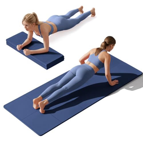 Foldable Yoga Mat Non Slip, Pilates Fitness Mats, 72" x 24" Extra Width ＆ Thick, Anti-Tear Exercise Mat with Carrying Strap and Bag, Workout Mats for Stretching,Yoga Studio,Gym or Home Workouts - color: Blue, size: 0.24"