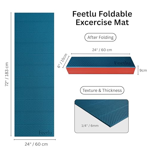 Foldable Yoga Exercise Mat, 6mm/8mm/10mm/12mm Thickness, 72 x 24 Inch - Lightweight, Anti-Slip, and Easy to Store for Yoga, Pilates, Home Workouts, and Floor Exercises - color: 청록색/주황색., size: 24" x 72" x 1/4"